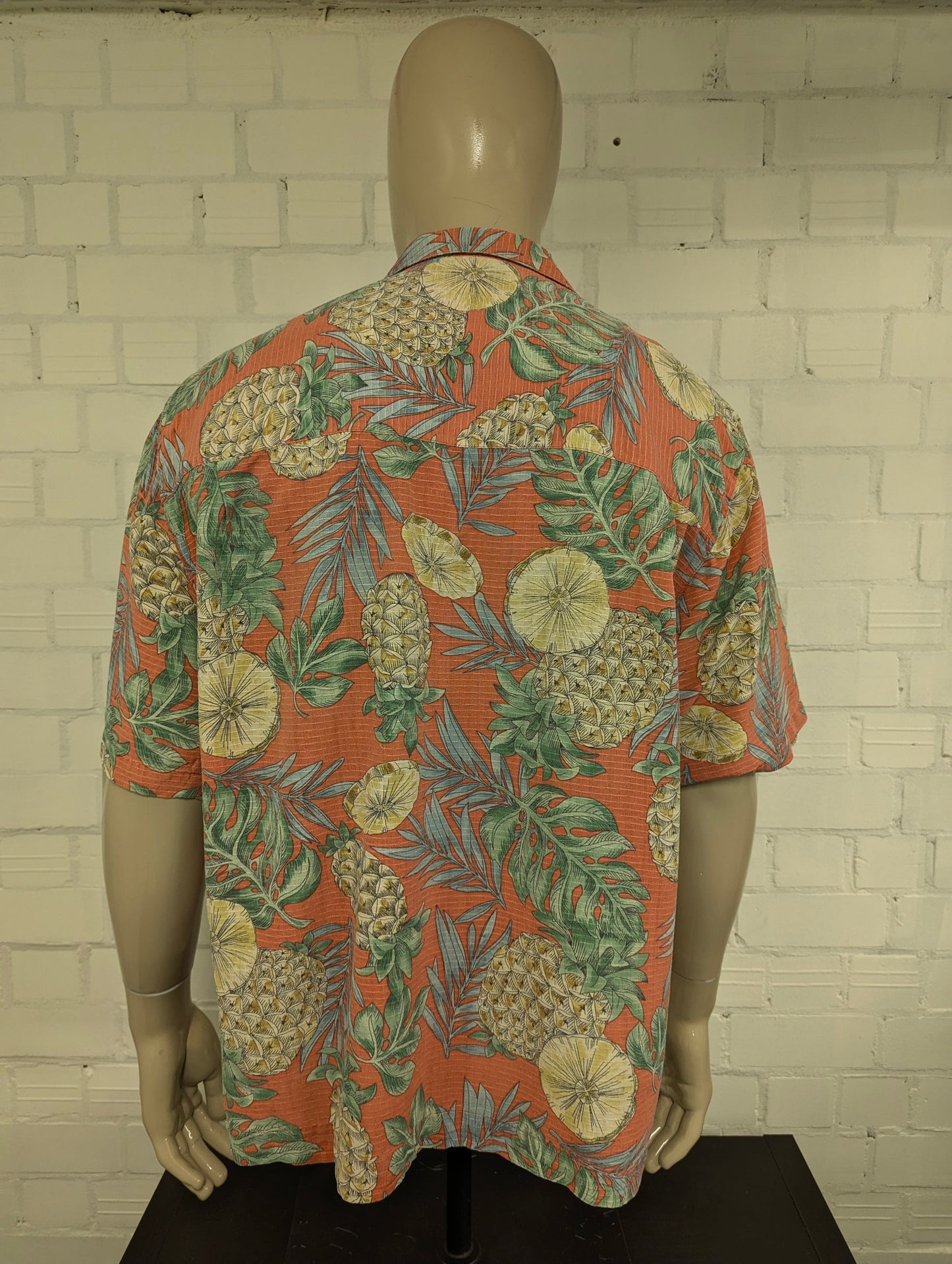Barmuda Bay Zijden Hawaii overhemd korte mouw. Roze Geel Groene ananas print. Maat 2XL / XXL.