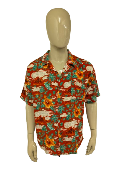 Pineapple Connection Hawaii overhemd korte mouw. Rood Geel groene bloemen print. Maat 2XL / XXL.