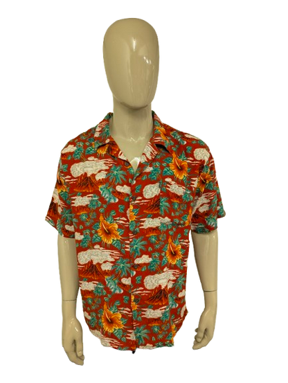 Pineapple Connection Hawaii overhemd korte mouw. Rood Geel groene bloemen print. Maat 2XL / XXL.