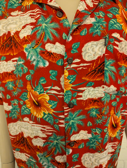 Pineapple Connection Hawaii overhemd korte mouw. Rood Geel groene bloemen print. Maat 2XL / XXL.