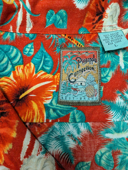 Pineapple Connection Hawaii overhemd korte mouw. Rood Geel groene bloemen print. Maat 2XL / XXL.