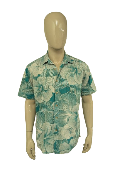 Cooke Street Hawaii overhemd korte mouw. Groen Grijs Blad motief. Maat L.