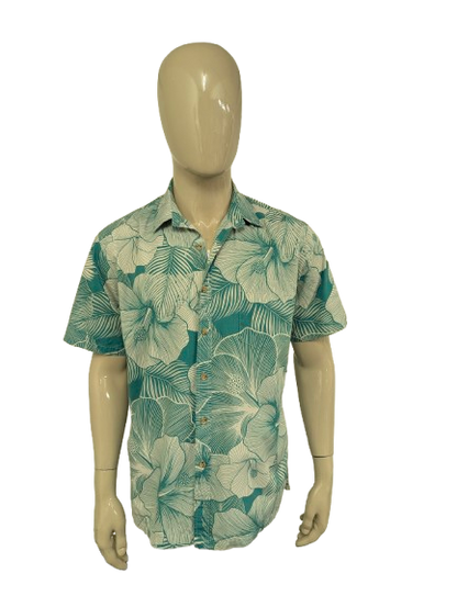 Cooke Street Hawaii overhemd korte mouw. Groen Grijs Blad motief. Maat L.