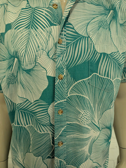 Cooke Street Hawaii overhemd korte mouw. Groen Grijs Blad motief. Maat L.