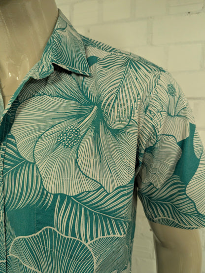 Cooke Street Hawaii overhemd korte mouw. Groen Grijs Blad motief. Maat L.