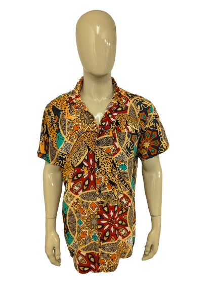 Reason overhemd korte mouw. Rood Geel Groen Oranje Tijger print. Maat XL.