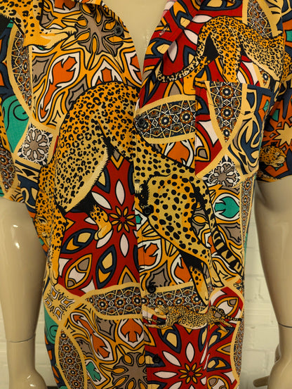 Reason overhemd korte mouw. Rood Geel Groen Oranje Tijger print. Maat XL.