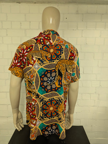 Reason overhemd korte mouw. Rood Geel Groen Oranje Tijger print. Maat XL.