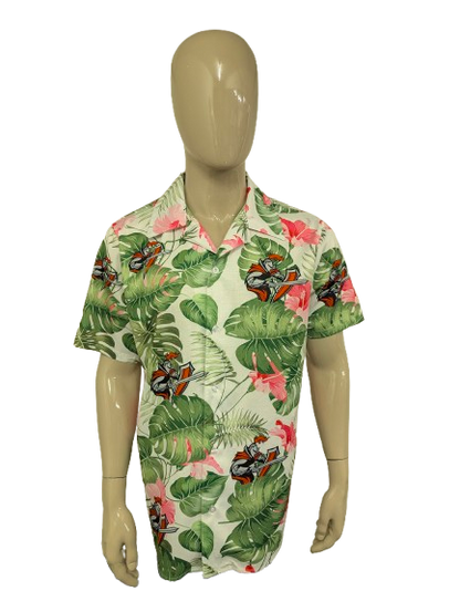Vintage Hawaii-overhemd korte mouw – roze/groen/grijs bloem-ridderprint – maat XL