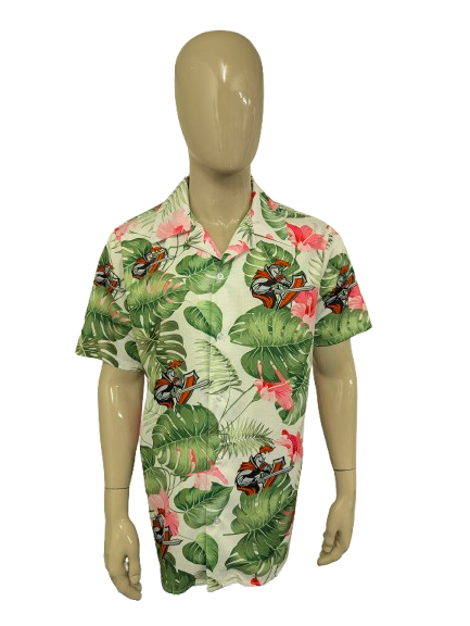 Vintage Hawaii overhemd korte mouw. Roze Groen Grijze Bloem - Ridder print. Maat XL. #333.