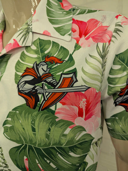 Vintage Hawaii-overhemd korte mouw – roze/groen/grijs bloem-ridderprint – maat XL