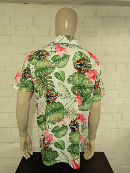 Vintage Hawaii-overhemd korte mouw – roze/groen/grijs bloem-ridderprint – maat XL