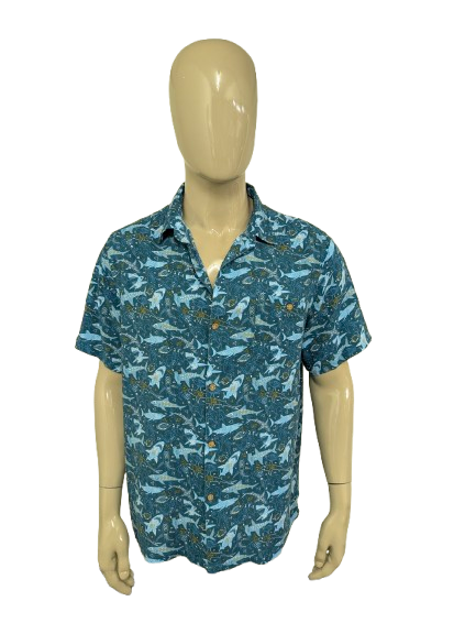 Lanikai Surf Vintage overhemd korte mouw. Blauw Wit Gele Haaien print. Maat 2XL / XXL.