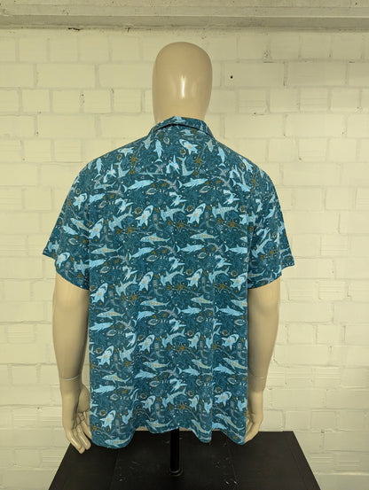 Lanikai Surf Vintage overhemd korte mouw. Blauw Wit Gele Haaien print. Maat 2XL / XXL.
