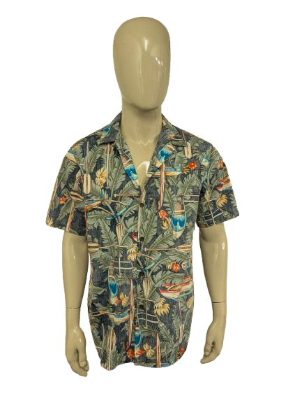 RJC Hawaii overhemd korte mouw. Gekleurde print. Maat L.