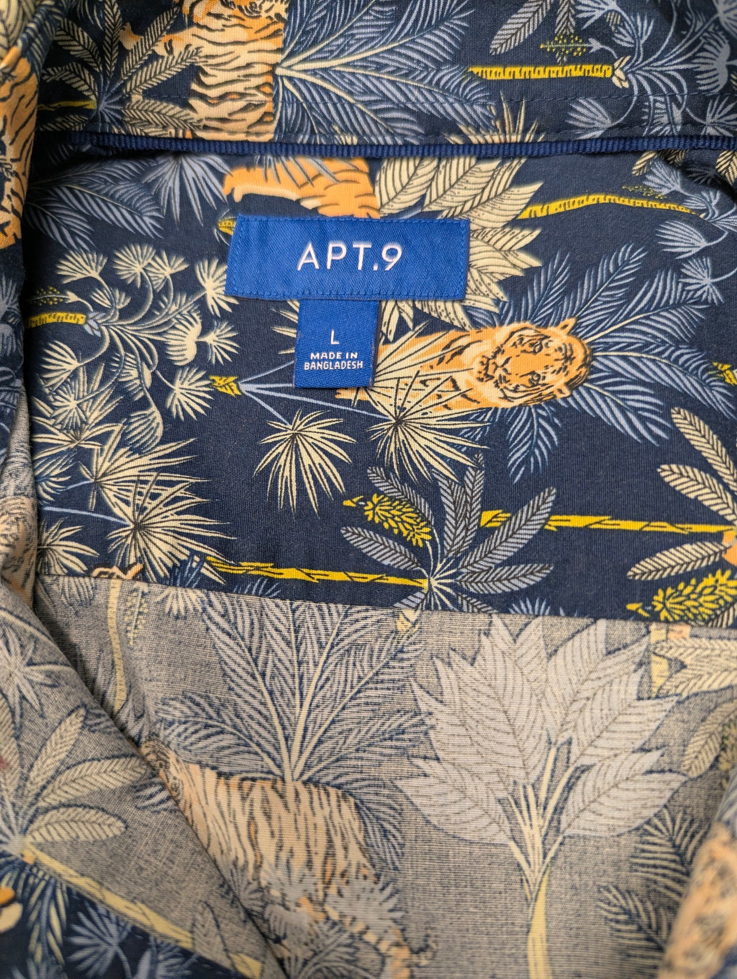 APT.9 overhemd korte mouw. Blauw Oranje Tijger Oerwoud print. Maat L. stretch.
