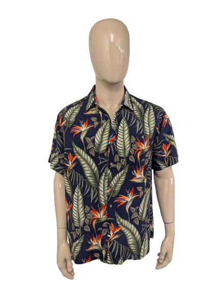 Batik Bay Hawaii overhemd korte mouw. Groen Blauw Oranje Bloemen print. Maat 2XL / XXL.