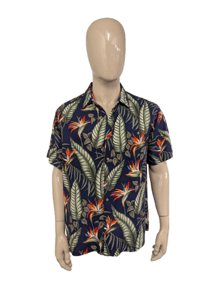 Batik Bay Hawaii overhemd korte mouw. Groen Blauw Oranje Bloemen print. Maat 2XL / XXL.