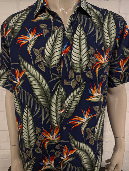 Batik Bay Hawaii overhemd korte mouw. Groen Blauw Oranje Bloemen print. Maat 2XL / XXL.
