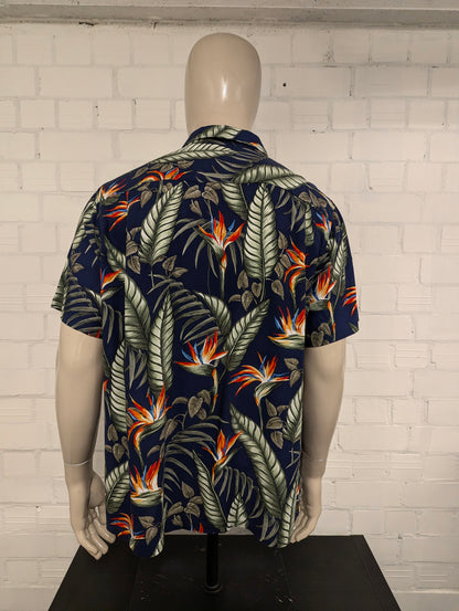 Batik Bay Hawaii overhemd korte mouw. Groen Blauw Oranje Bloemen print. Maat 2XL / XXL.