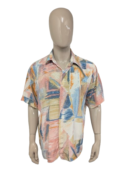 Vintage Basak 80's-90's 100% Zijden overhemd korte mouw. Roze Oranje Blauw Groene print. Maat XL.