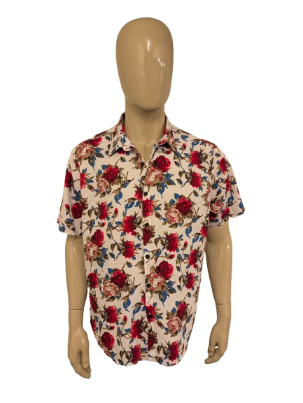 Vatpave overhemd korte mouw. Rood Roze Rozen print. Maat 2XL / XXL.