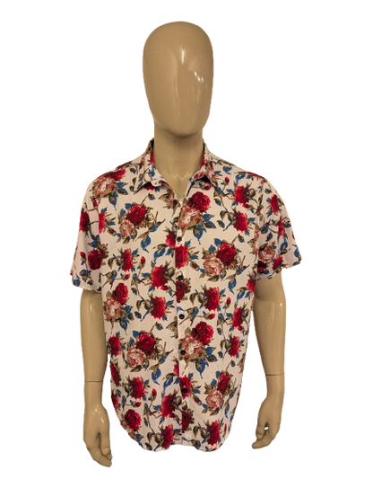 Vatpave overhemd korte mouw. Rood Roze Rozen print. Maat 2XL / XXL.