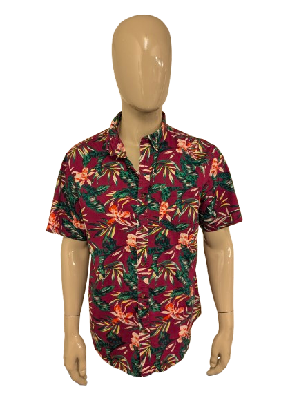 Old Navy Hawaii overhemd korte mouw. Paars Groen Oranje Bloemen print. Maat XL.