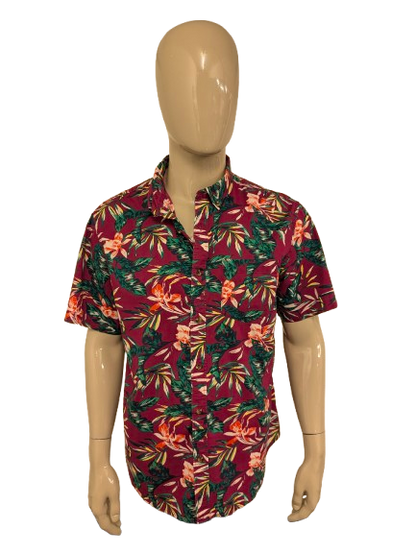 Old Navy Hawaii overhemd korte mouw. Paars Groen Oranje Bloemen print. Maat XL.