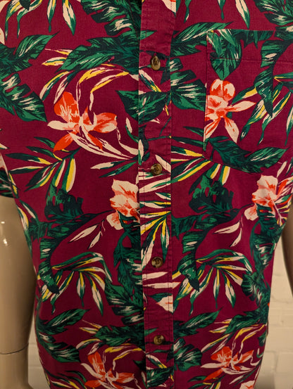 Old Navy Hawaii overhemd korte mouw. Paars Groen Oranje Bloemen print. Maat XL.