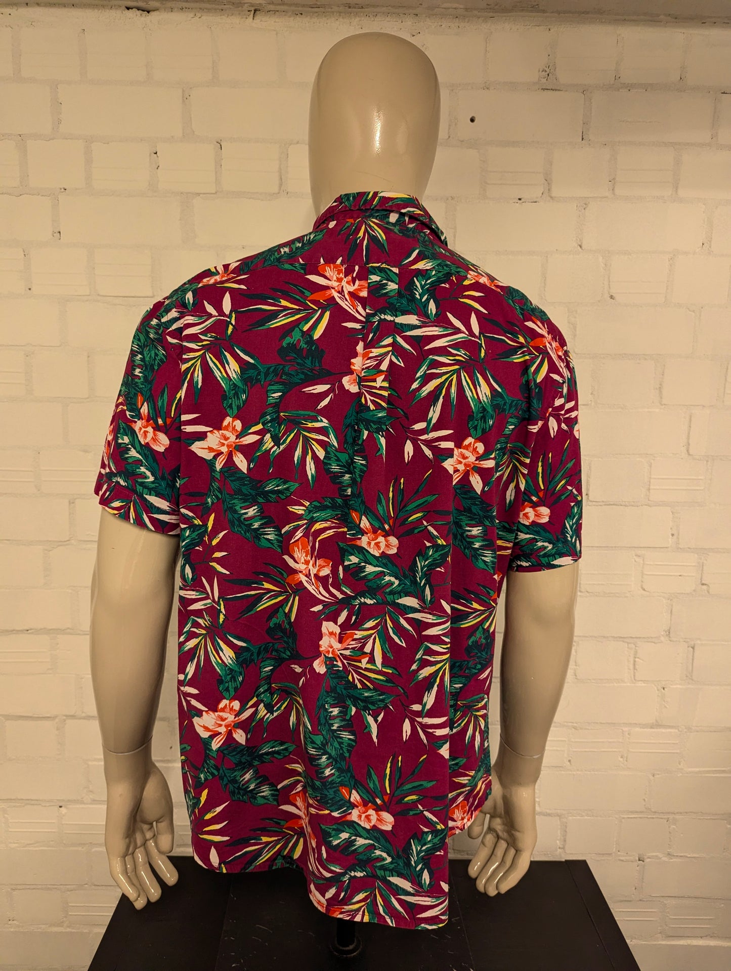 Old Navy Hawaii overhemd korte mouw. Paars Groen Oranje Bloemen print. Maat XL.