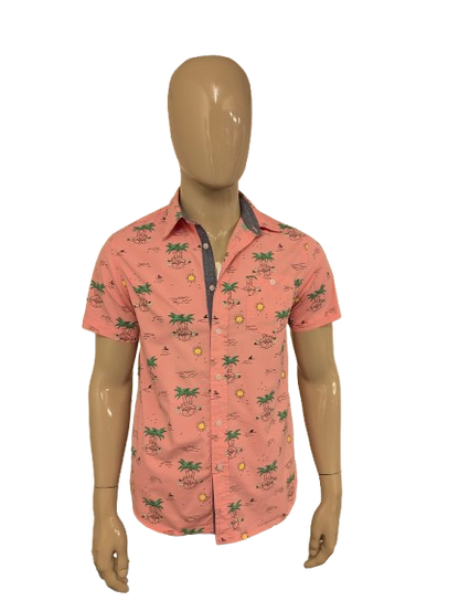 Eighty Eight Hawaii overhemd korte mouw. Roze Geel Groen Palmbomen print. Maat M.