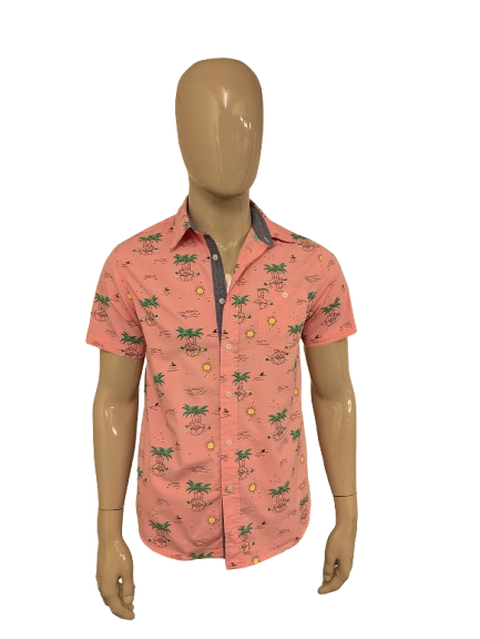 Eighty Eight Hawaii overhemd korte mouw. Roze Geel Groen Palmbomen print. Maat M.
