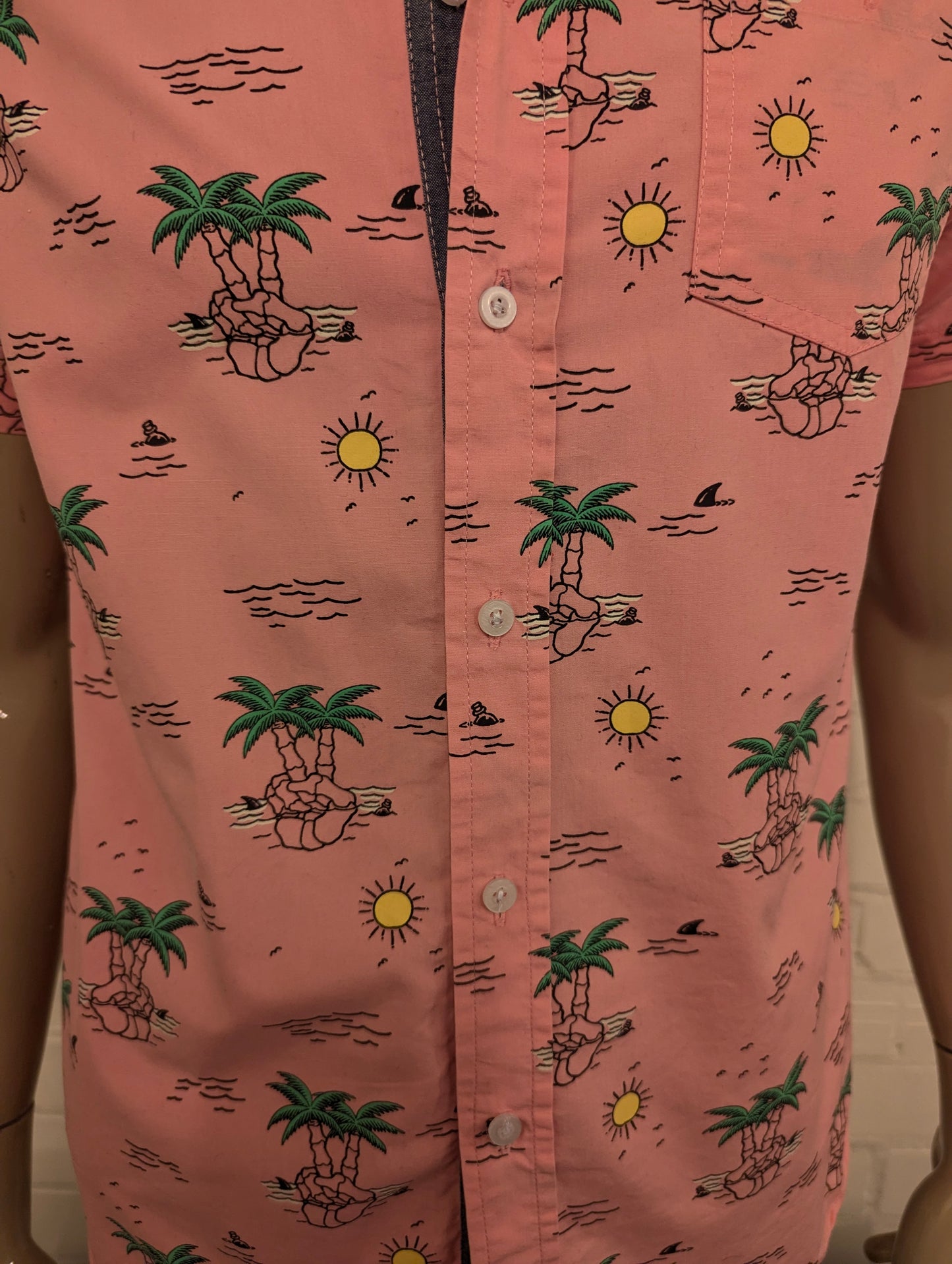 Eighty Eight Hawaii overhemd korte mouw. Roze Geel Groen Palmbomen print. Maat M.