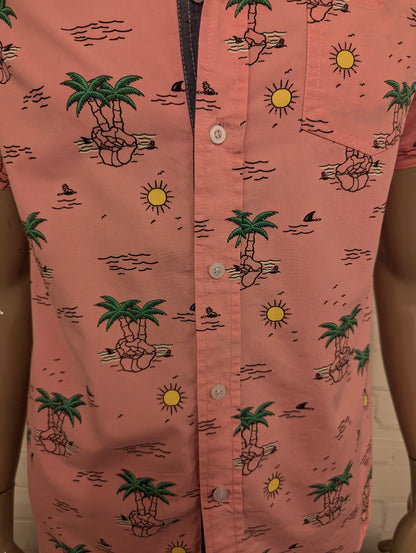 Eighty Eight Hawaii overhemd korte mouw. Roze Geel Groen Palmbomen print. Maat M.