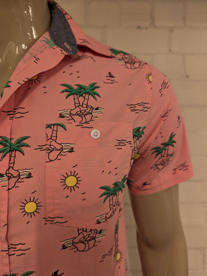 Eighty Eight Hawaii overhemd korte mouw. Roze Geel Groen Palmbomen print. Maat M.