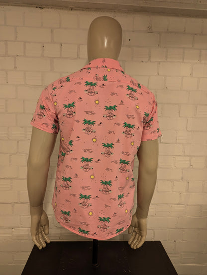 Eighty Eight Hawaii overhemd korte mouw. Roze Geel Groen Palmbomen print. Maat M.