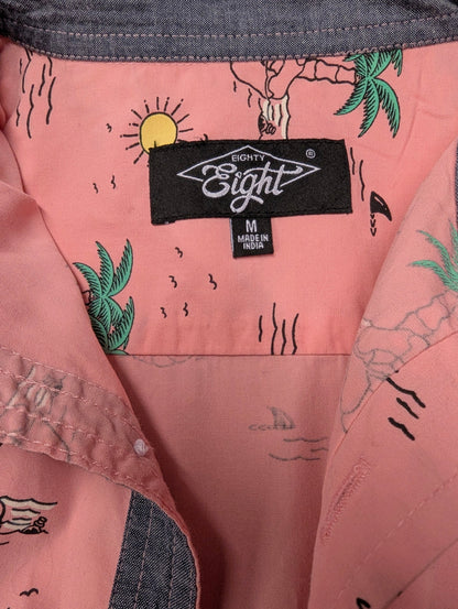 Eighty Eight Hawaii overhemd korte mouw. Roze Geel Groen Palmbomen print. Maat M.