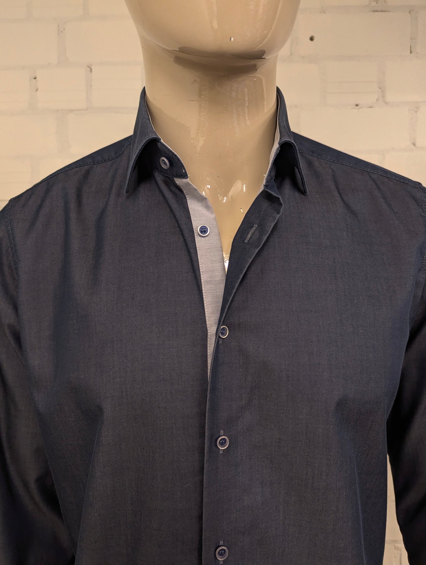 Olymp Level 5 overhemd. Blauw Grijs gemêleerd. Maat L. body fit.