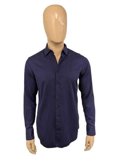 Olymp Signature overhemd. Donker Blauwe Bloemetjes motief. Maat M. tailored fit.