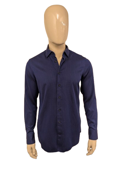 Olymp Signature overhemd. Donker Blauwe Bloemetjes motief. Maat M. tailored fit.