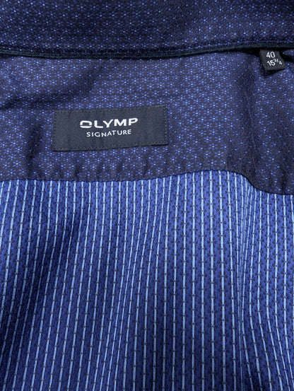 Olymp Signature overhemd. Donker Blauwe Bloemetjes motief. Maat M. tailored fit.