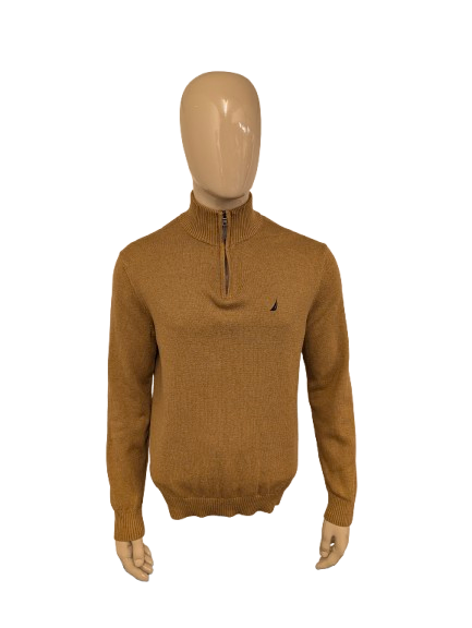 Nautica Quarter Zip trui met korte rits. Bruin gemêleerd. Maat L.