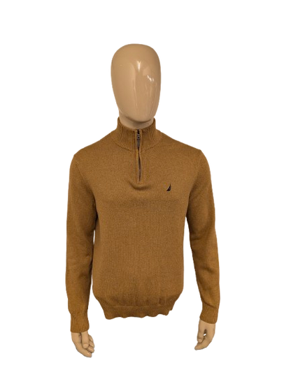 Nautica Quarter Zip trui met korte rits. Bruin gemêleerd. Maat L.