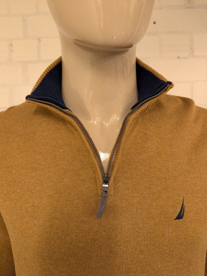Nautica Quarter Zip trui met korte rits. Bruin gemêleerd. Maat L.