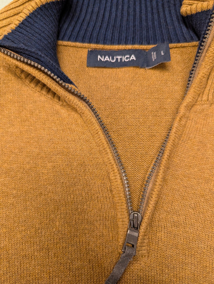 Nautica Quarter Zip trui met korte rits. Bruin gemêleerd. Maat L.
