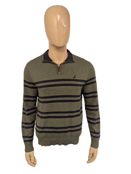 Nautica Quarter Zip trui met korte rits. Groen Blauw gestreept. Maat M.