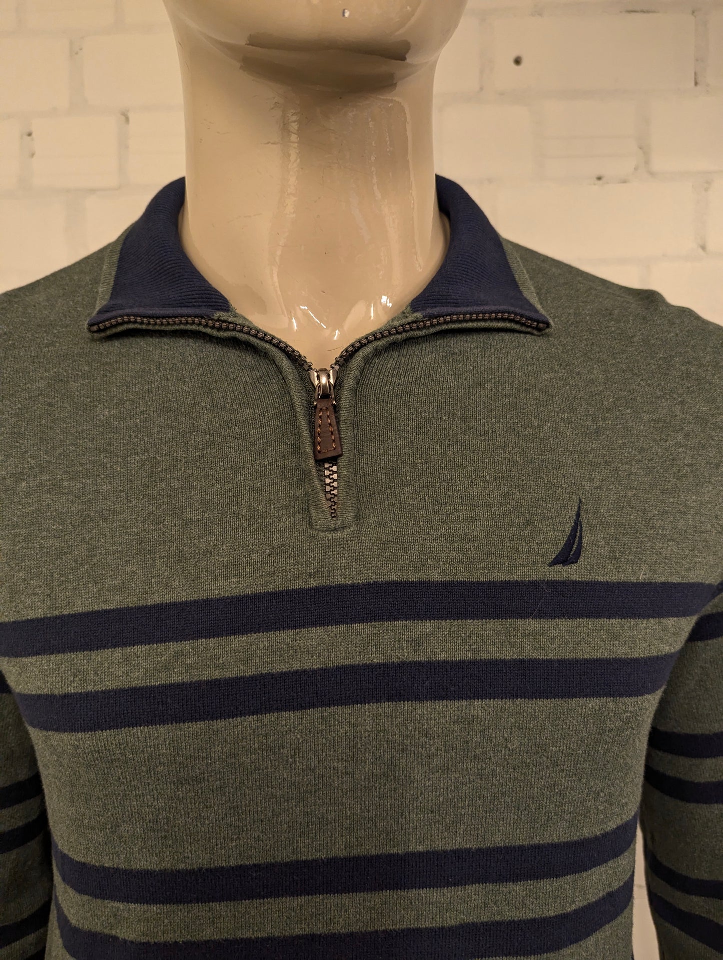 Nautica Quarter Zip trui met korte rits. Groen Blauw gestreept. Maat M.