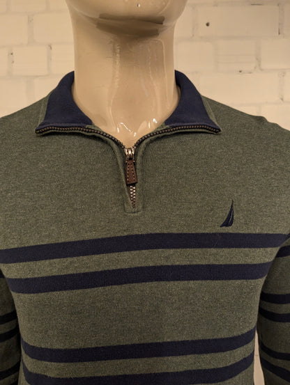 Nautica Quarter Zip trui met korte rits. Groen Blauw gestreept. Maat M.