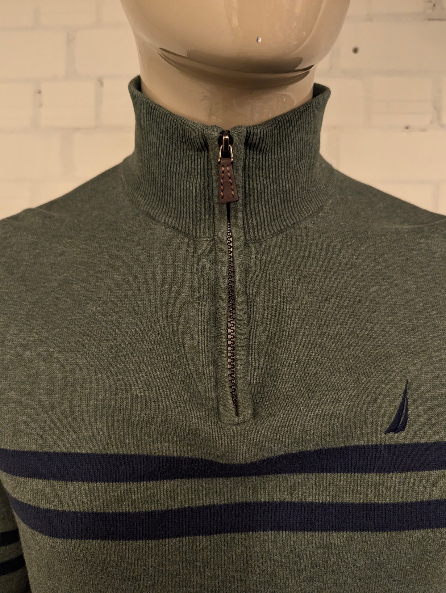 Nautica Quarter Zip trui met korte rits. Groen Blauw gestreept. Maat M.